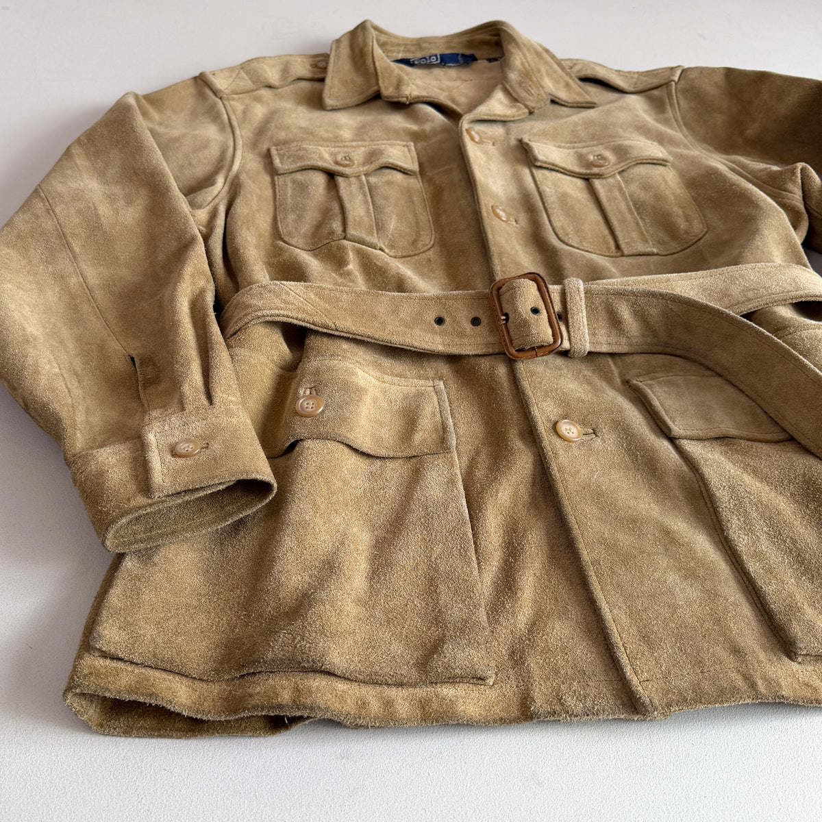 VNTG Polo Ralph Lauren (L) Rugged Suede Leather Khaki Safari Coat