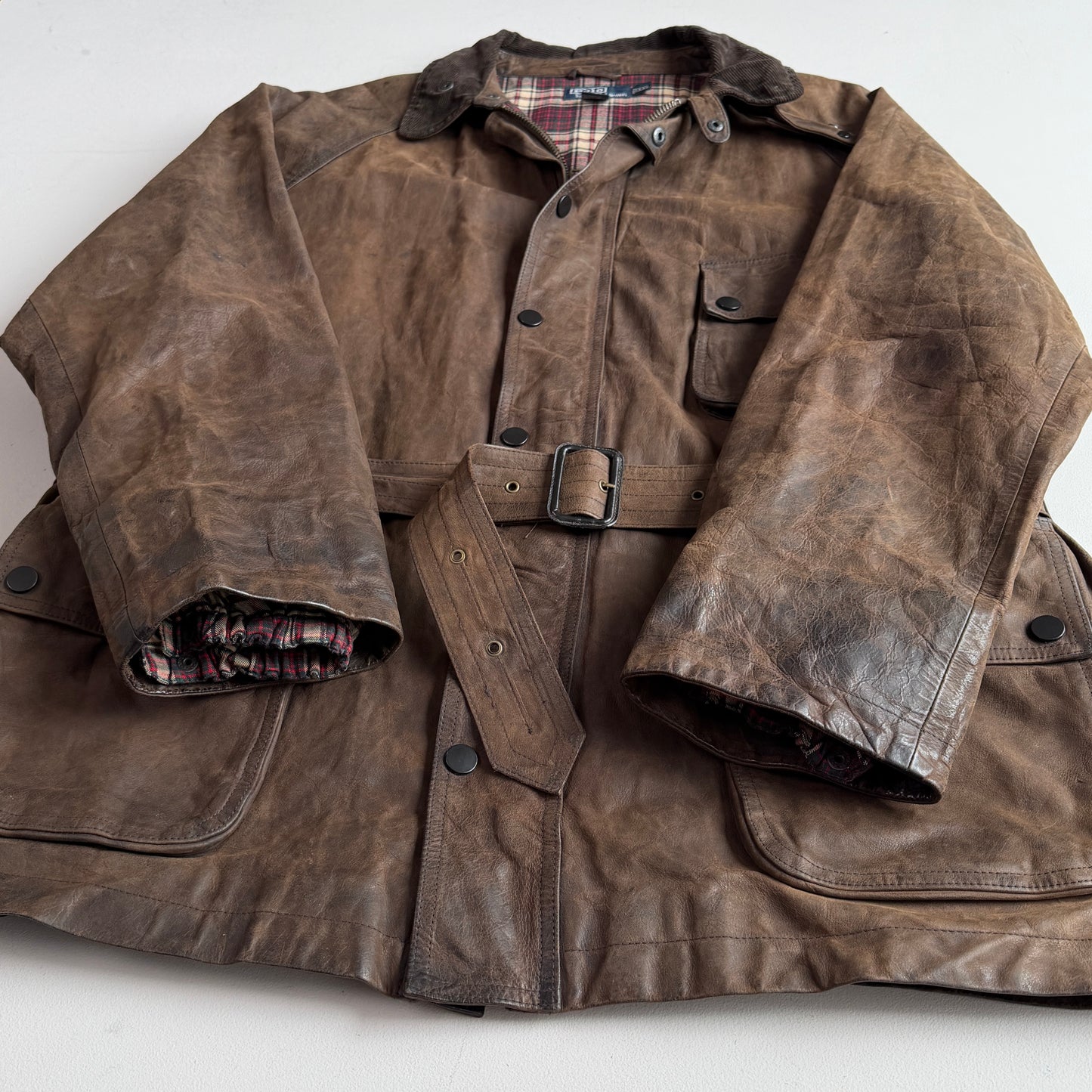 Polo Ralph Lauren (2XL) Leather Raglan Sleeve Belted Cotton Lined Coat