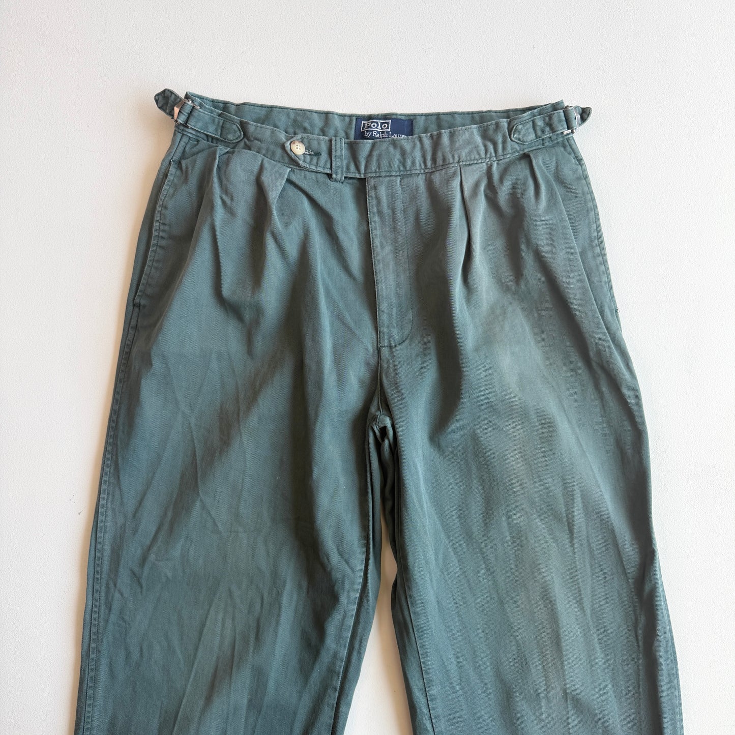 VNTG Polo Ralph Lauren (33x30) Dusty Turquoise Pleated Side Tab Cotton Chinos