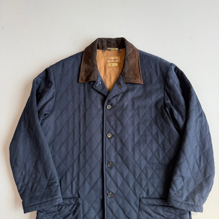 Paul Stuart (XL) 100% Cashmere Quilted Navy Blue Suede Trim Jacket Coat