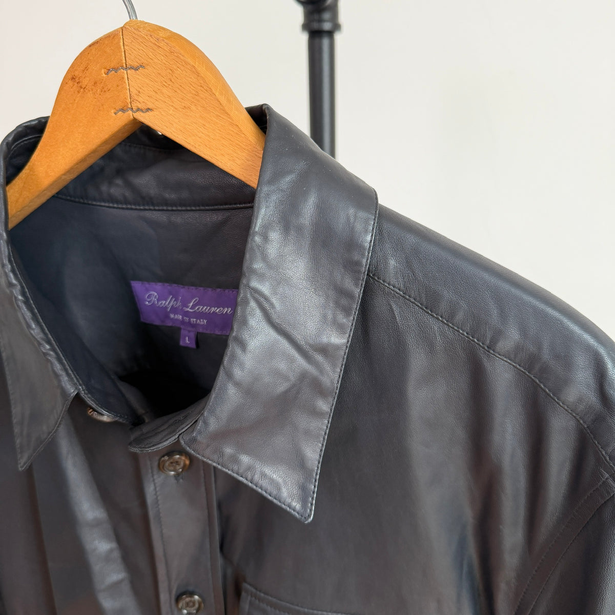 Ralph Lauren Purple Label (L) Skived Lamb Leather Midnight Blue Overshirt
