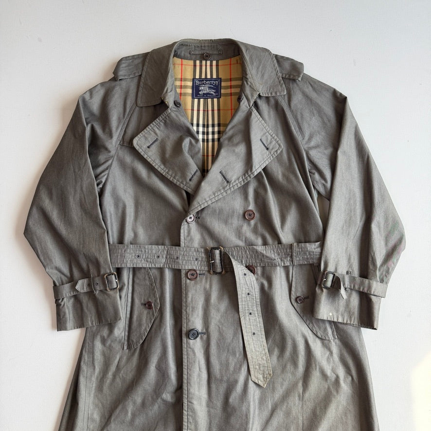 VNTG Burberry (44L) 100% Cotton Gabardine Double Breast Gray Trench Coat