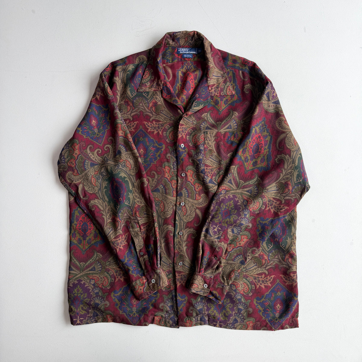 VNTG Polo Ralph Lauren (XL) Wool Paisley Maroon Camp Collar Shirt