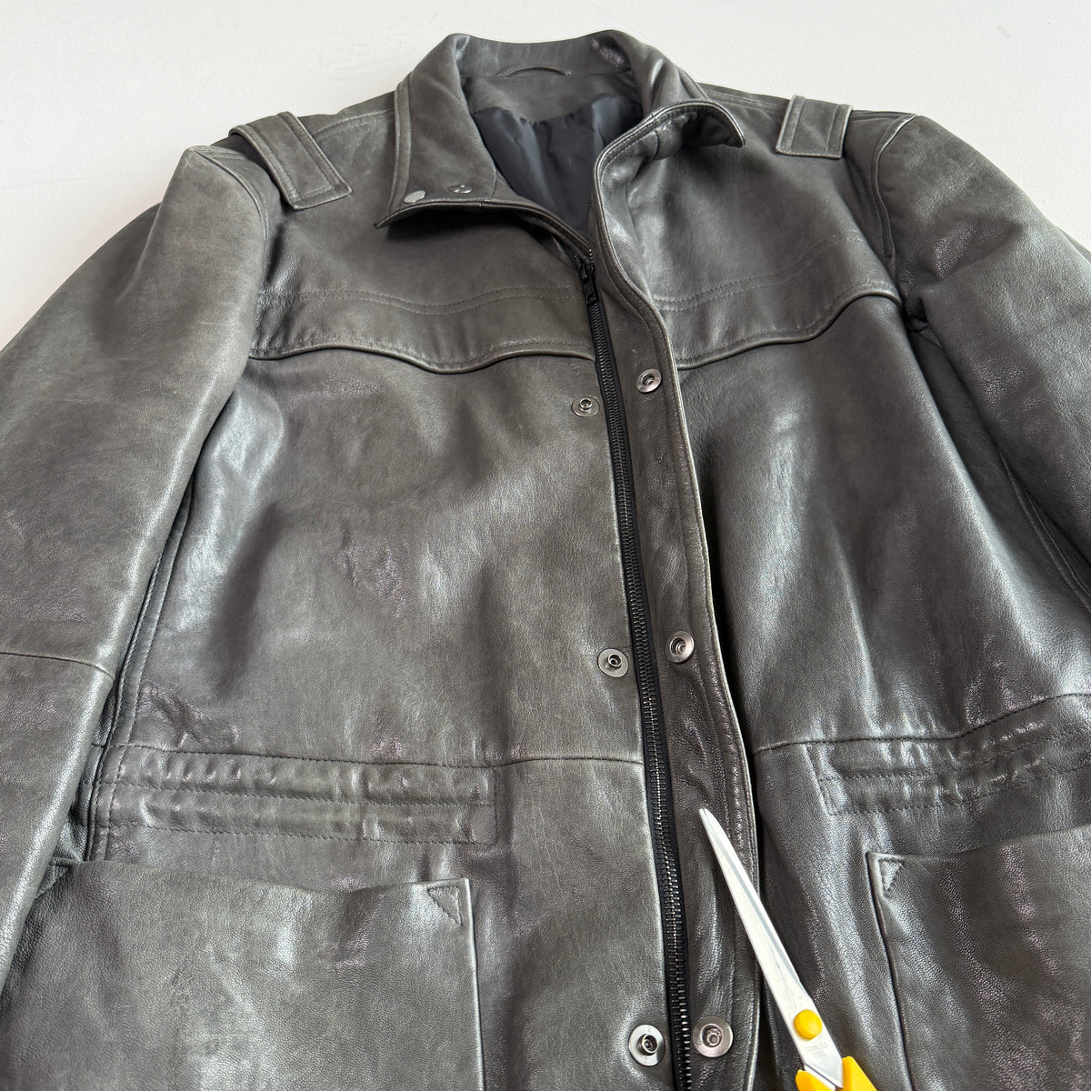 Z Zegna (54 /XL) Leather Charcoal Gray Motorcycle Utility Coat Jcket