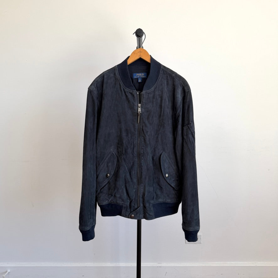 Polo Ralph Lauren (L) Navy Blue Goat Suede Leather Bomber Jacket