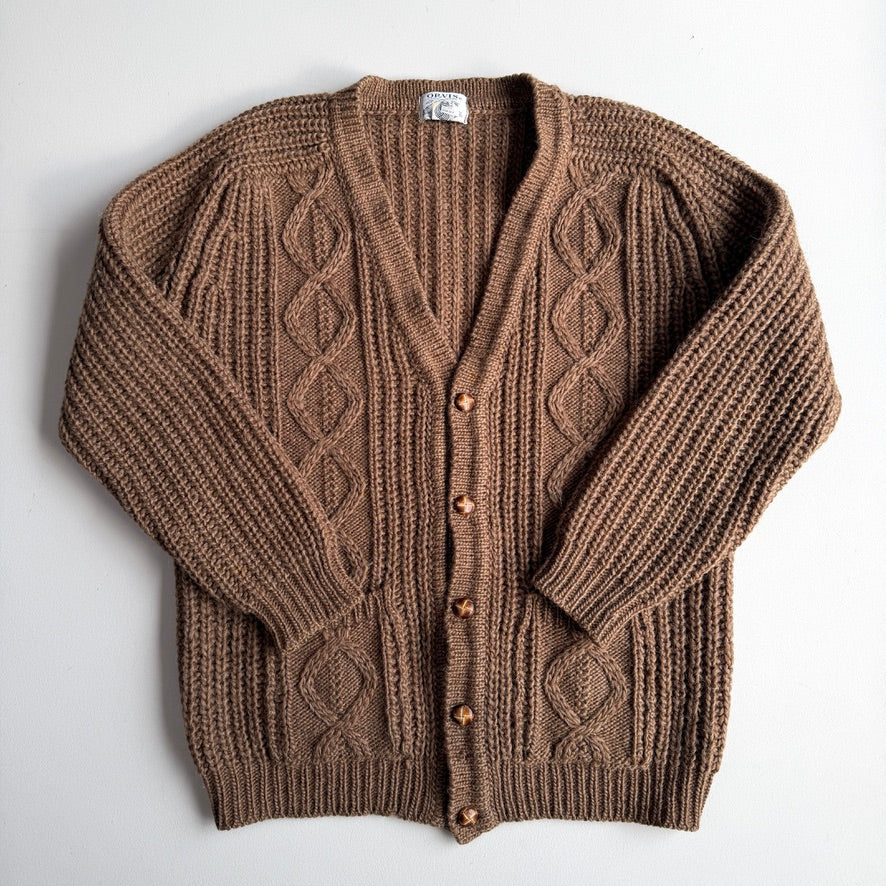VNTG Orvis (L) Wool Diamond Cable Orinate Fisherman Cardigan Sweater