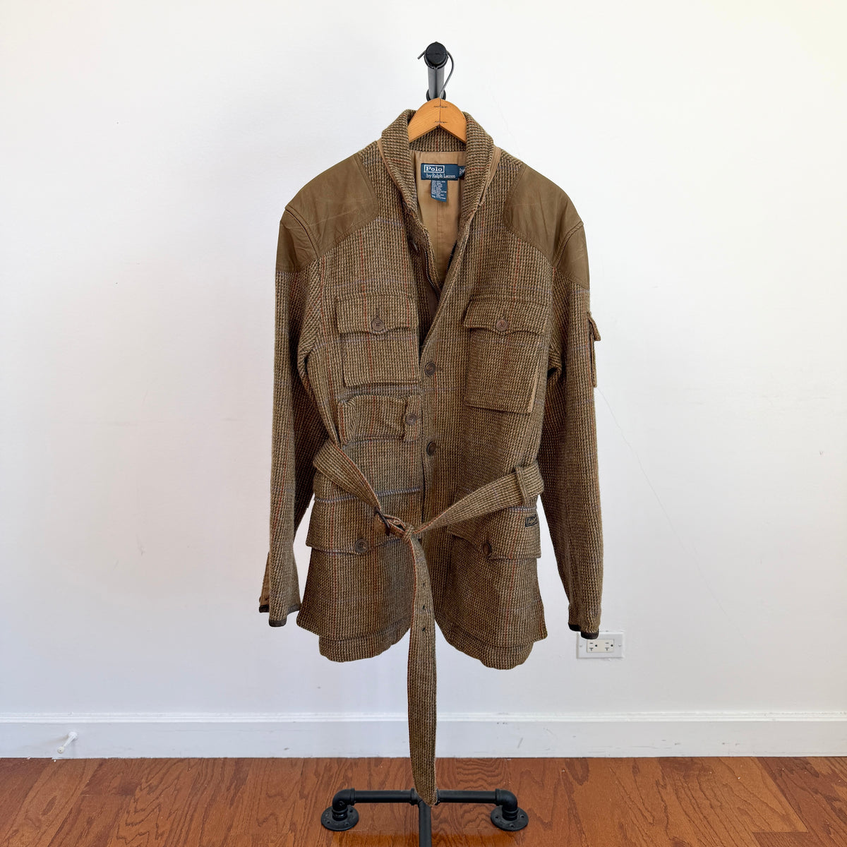 Polo Ralph Lauren (42L) Wool Tweed Olive Overcheck Field Belted Sport Jacket Coat