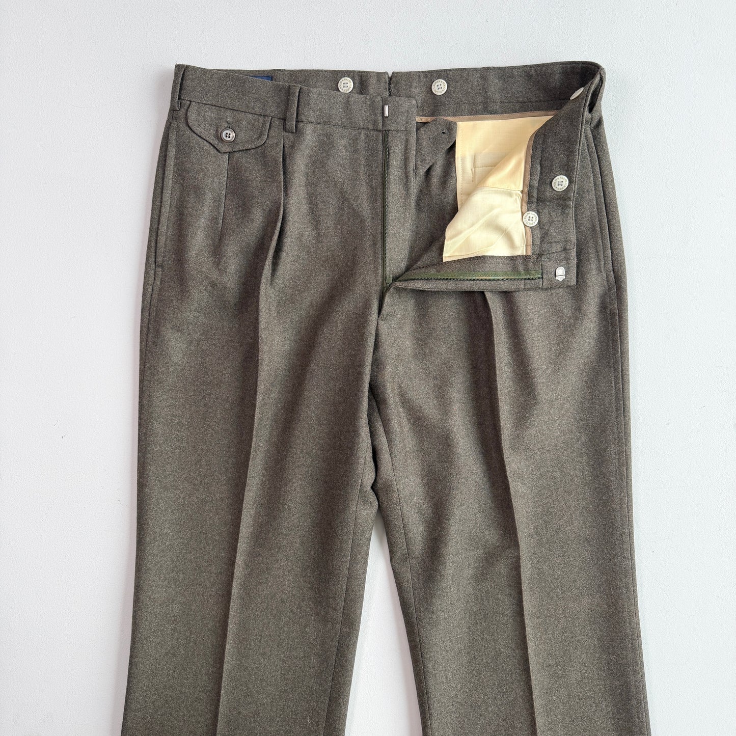 VNTG Polo Ralph Lauren (37x34) Wool Flannel Pleated Olive Trousers Pants