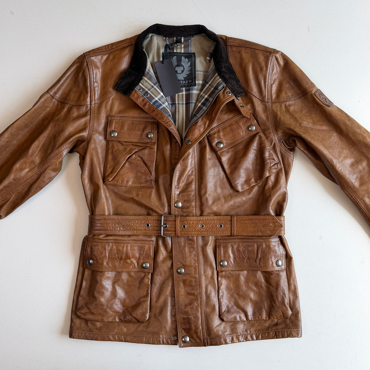 NWT Belstaff (58IT / 2XLT) Panther Cognac Four Pocket Leather Motorcycle Jacket