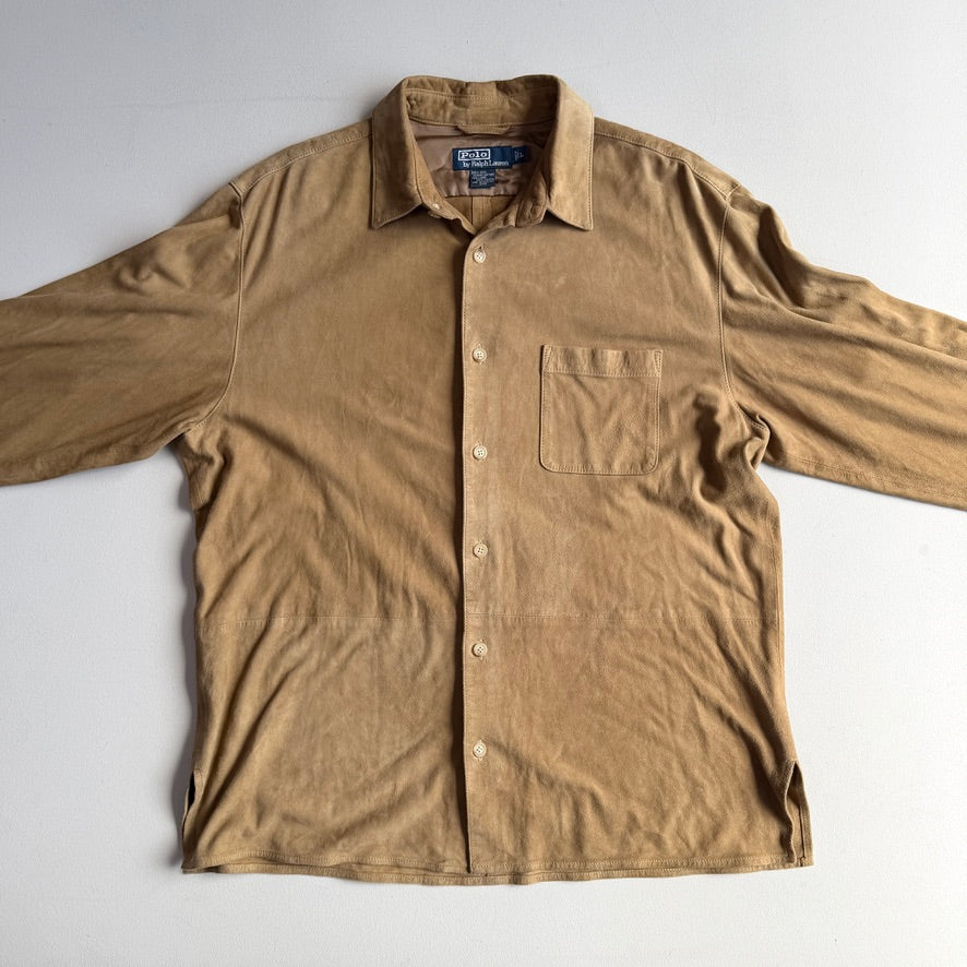 Polo Ralph Lauren (L) Suede Leather Tan Button Front Long Sleeve Shirt
