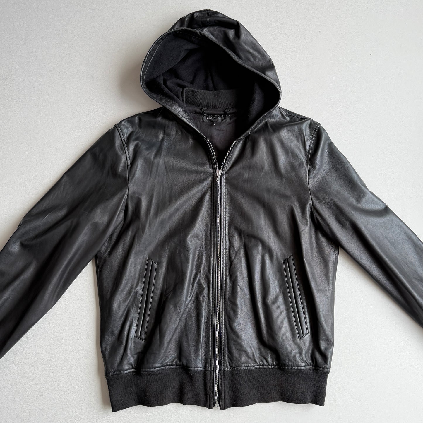 rag & bone (L) Glove Soft Lamb Leather Hooded Black Jacket