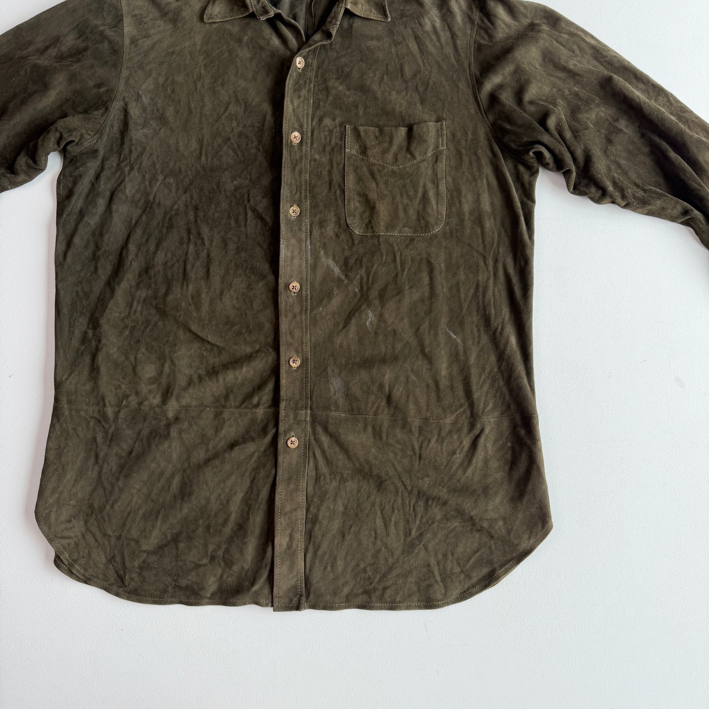 Ralph Lauren Purple Label (L) Olive Green/Brown Goat Suede Leather Shirt