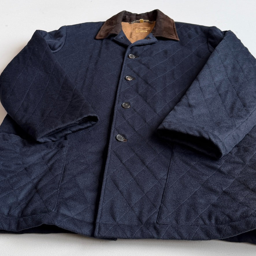 Paul Stuart (XL) 100% Cashmere Quilted Navy Blue Suede Trim Jacket Coat