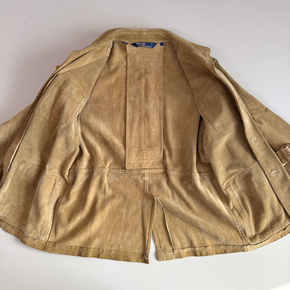 VNTG Polo Ralph Lauren (L) Rugged Suede Leather Khaki Safari Coat