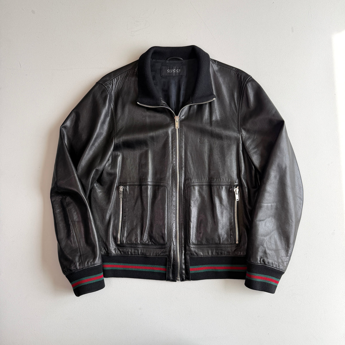 Gucci (58IT /2XL) Black Leather Bomber Style Green/Red Accent Jacket