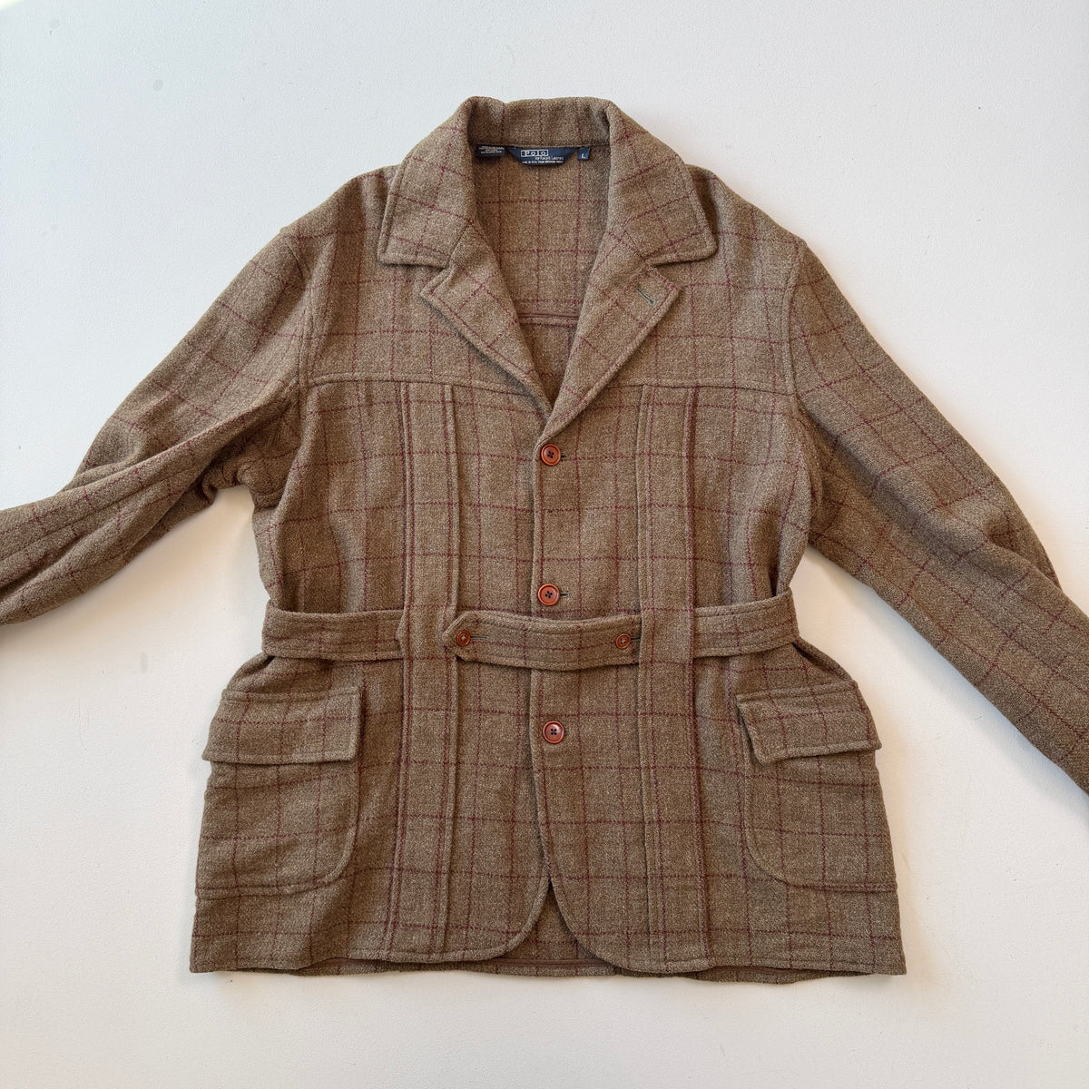 VNTG Polo Ralph Lauren (L) Wool Tweed Olive Windowpane Norfolk Coat Jacket
