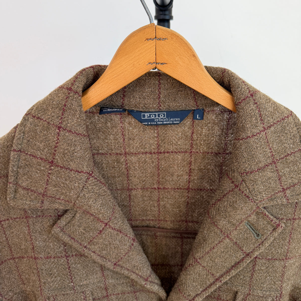 VNTG Polo Ralph Lauren (L) Wool Tweed Olive Windowpane Norfolk Coat Jacket