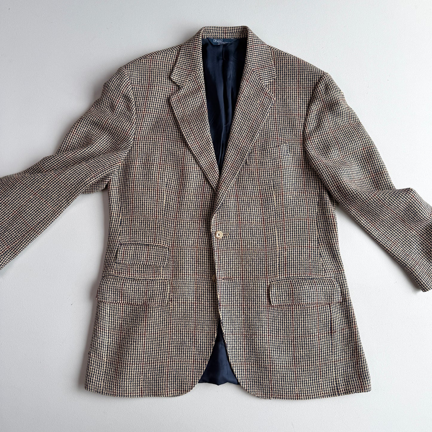 VNTG Polo Ralph Lauren (42R) 100% Silk Blue & Beige w/ Red Overcheck Sport Coat