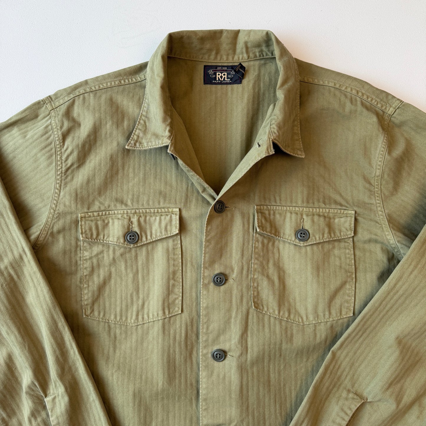 RRL Ralph Lauren (2XL) Olive Military Herringbone Twill Over Shirt