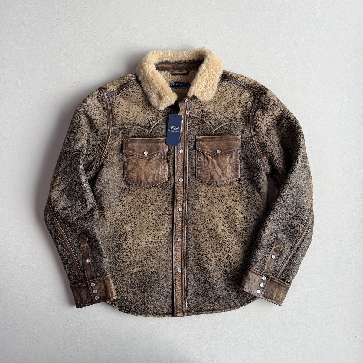 NWT Polo Ralph Lauren (S) Leather Shearling Western Pearl Snap Jacket Shirt