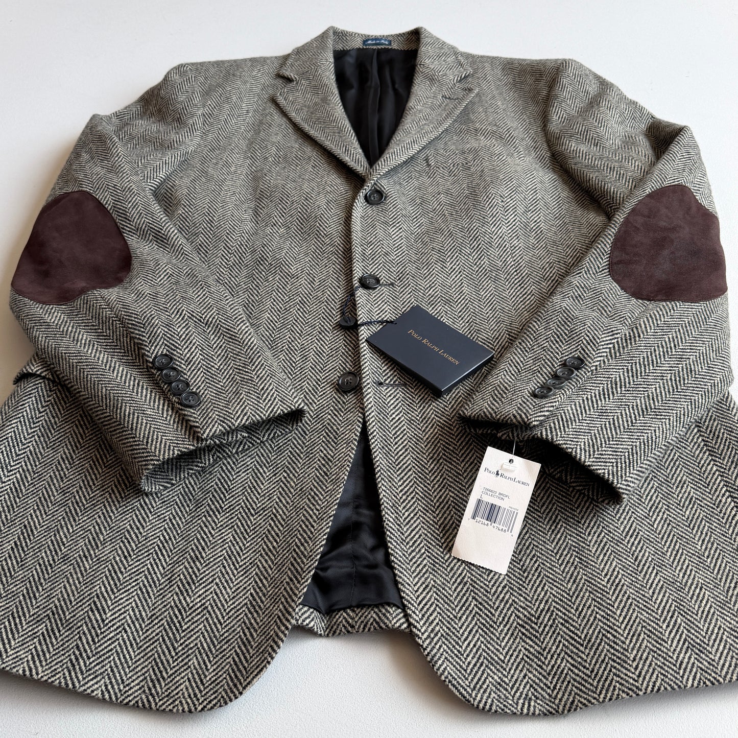 NWT Polo Ralph Lauren (L) Tweed Herringbone Wool Suede Patch Sport Coat