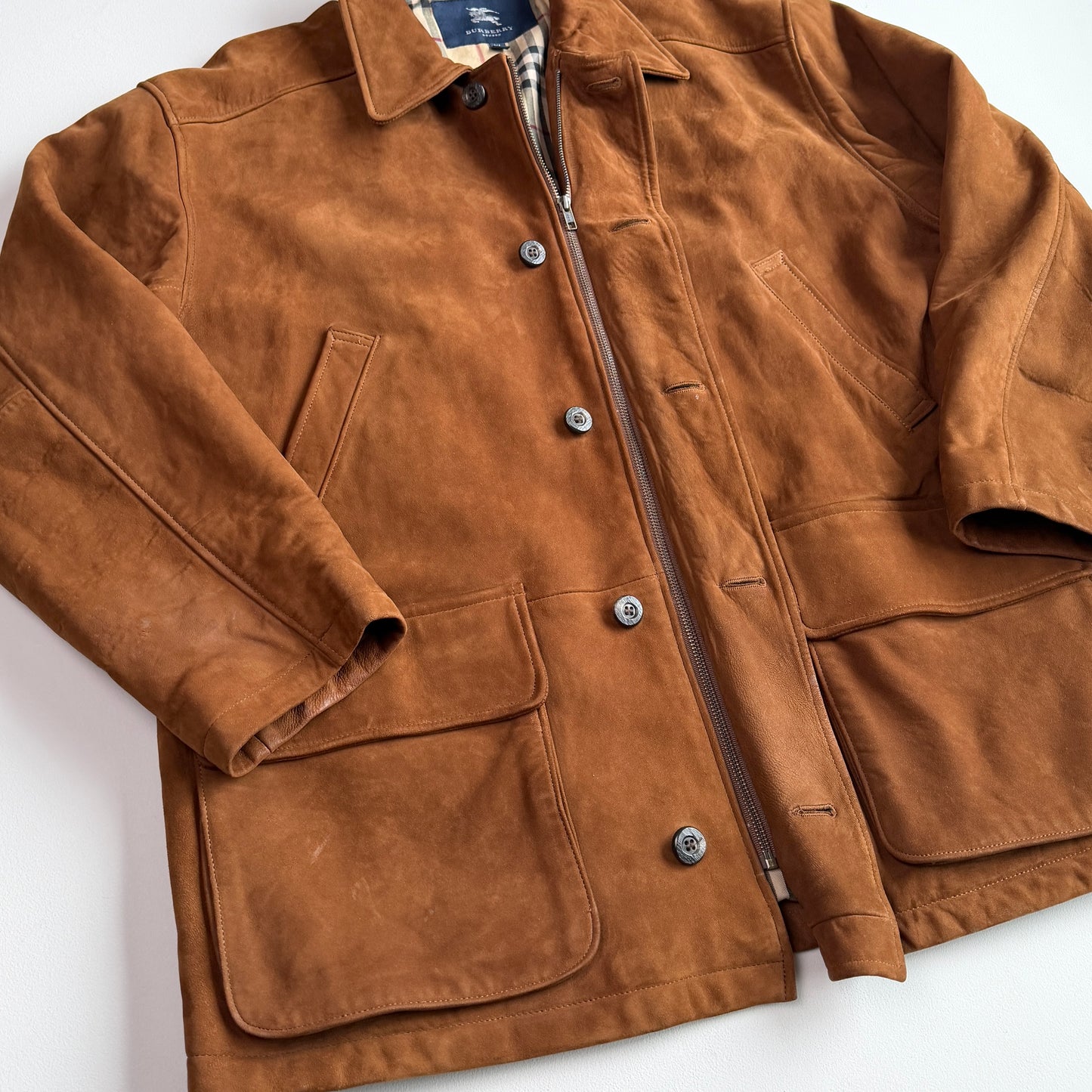 Burberry (XL) Suede Leather Tawny Nova Check Lined Field Coat