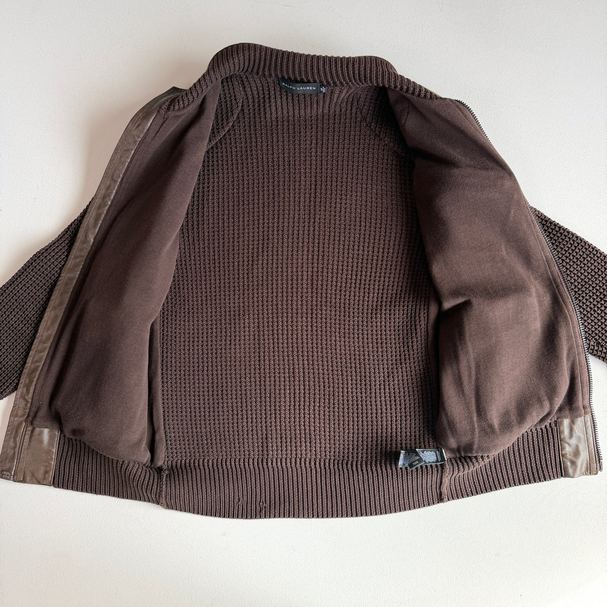 Ralph Lauren Black Label (S) Leather Front Cotton Knit Brown Cardigan Sweater