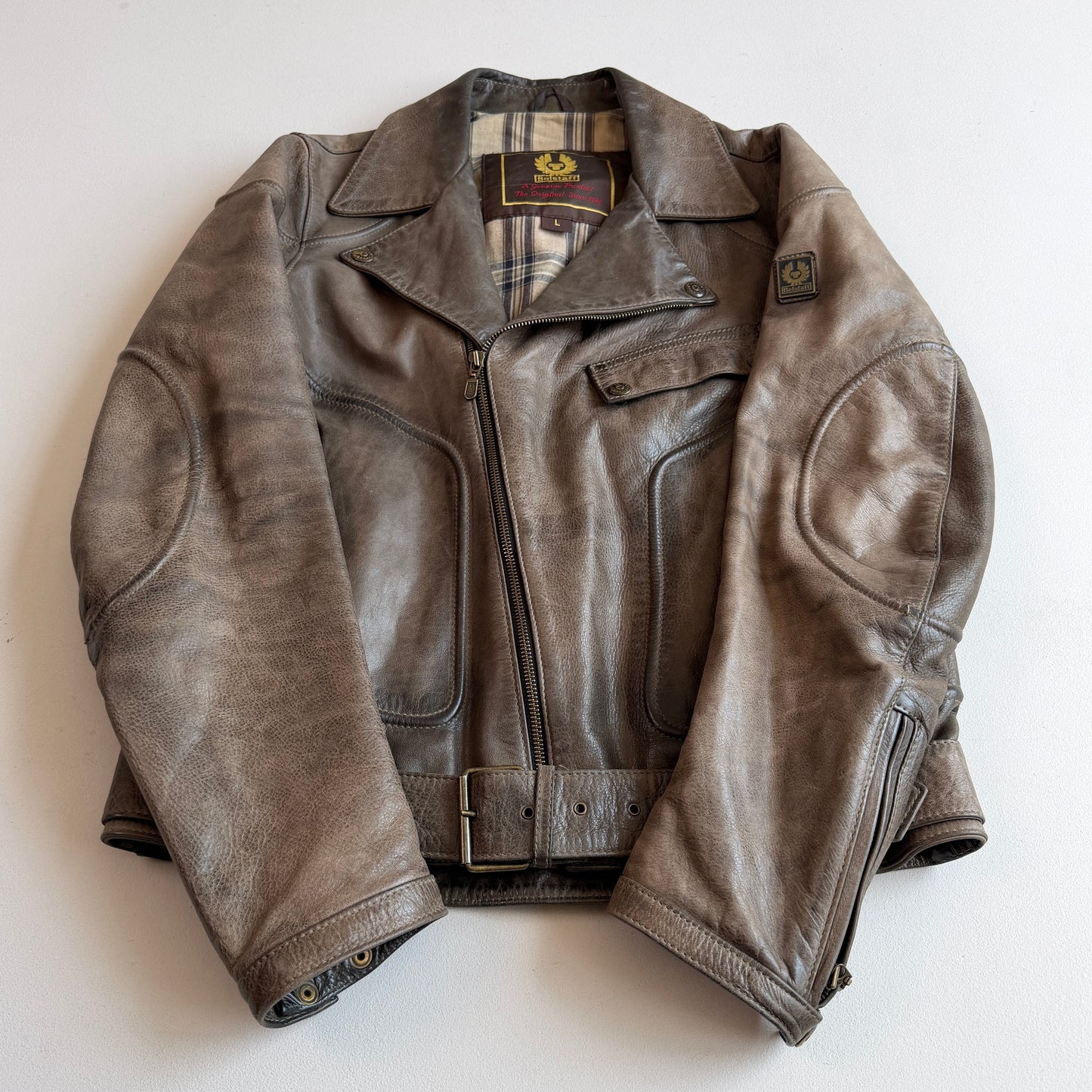 Belstaff Gold Label (L) Taupe Leather Belted Asymmetrical Zip Jacket