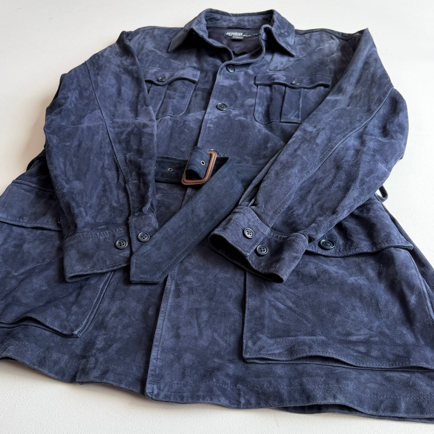 Polo Ralph Lauren (L) Blue Suede Leather Safari Belted Jacket Coat