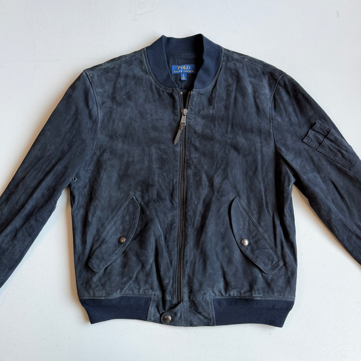 Polo Ralph Lauren (L) Navy Blue Goat Suede Leather Bomber Jacket
