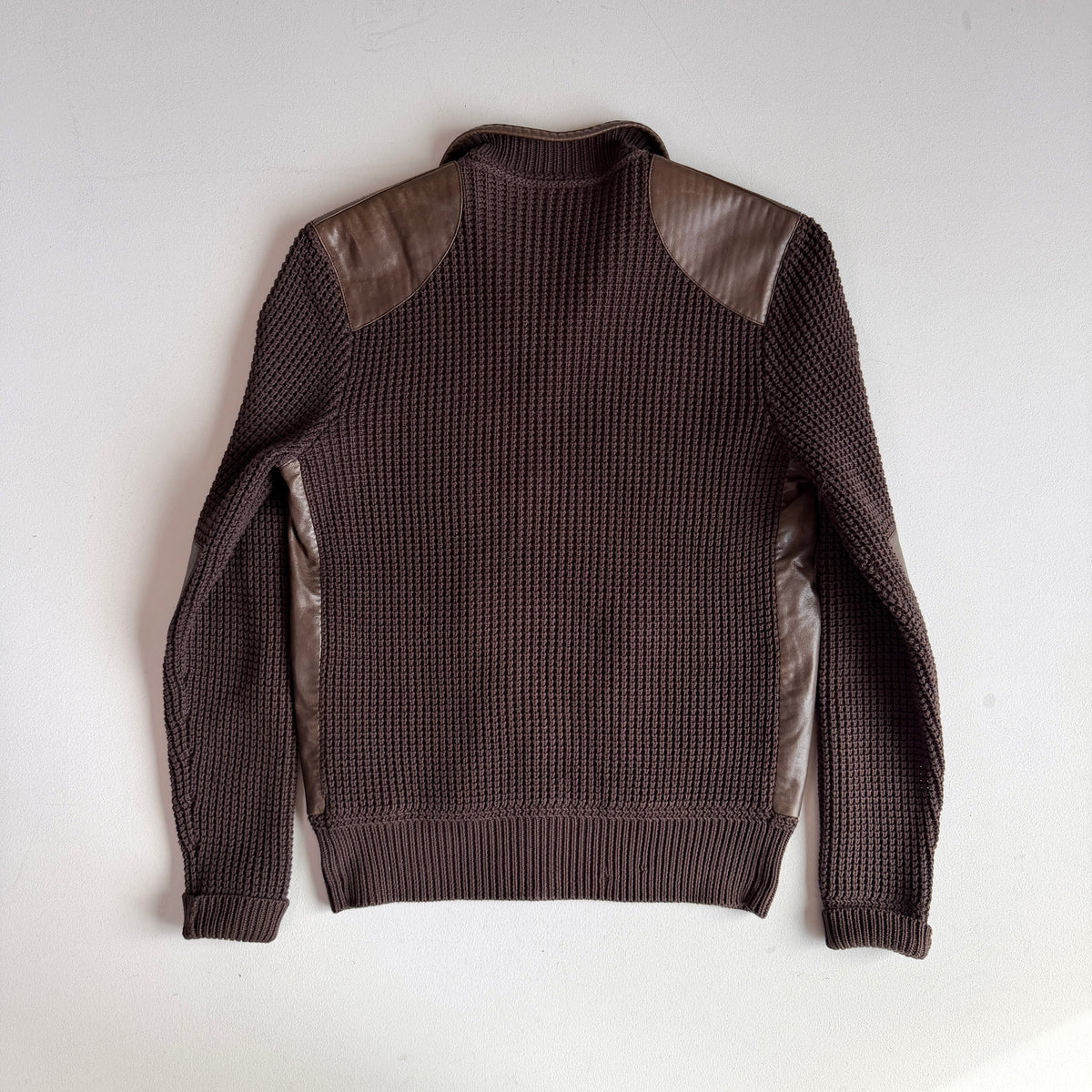 Ralph Lauren Black Label (S) Leather Front Cotton Knit Brown Cardigan Sweater