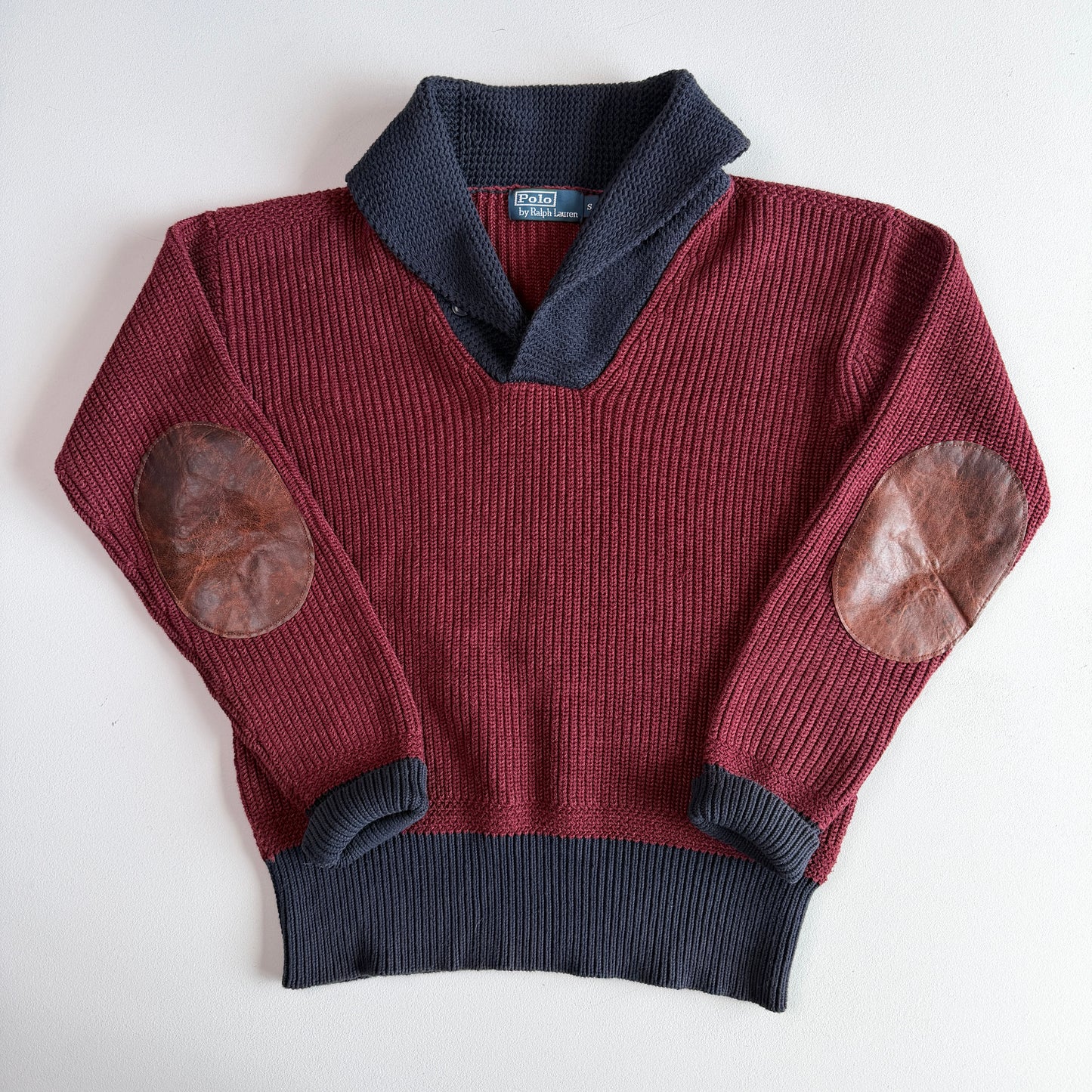 Polo Ralph Lauren (S) 100% Wool Maroon Shawl Collar Rib-Knit Sweater