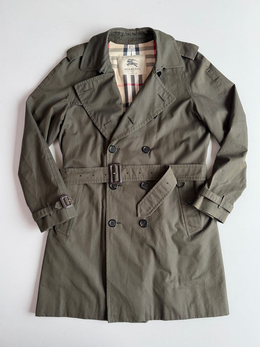 Burberry (54 IT) Kensington Gaberdine Cotton Olive Green Mid-Length Trench Coat