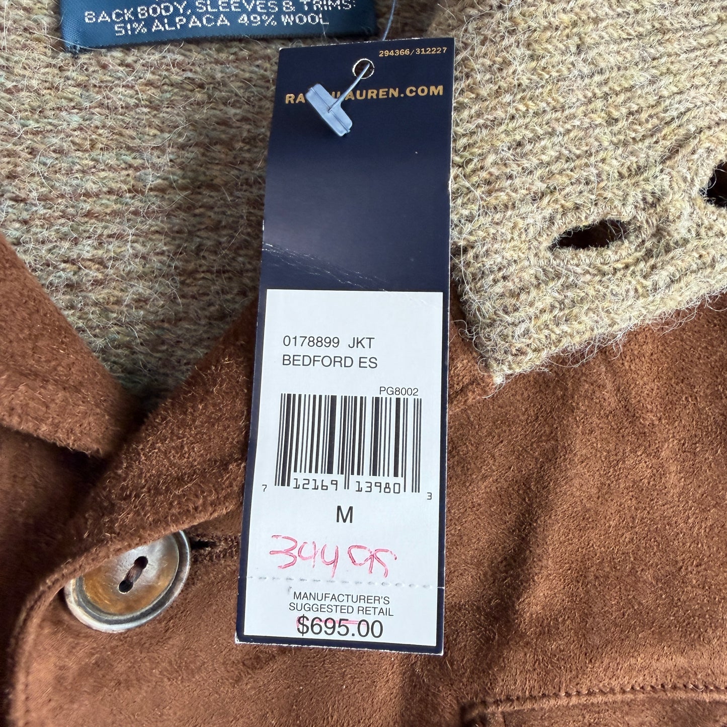 NWT Polo Ralph Lauren (M) Suede Alpaca/Wool Button Sweater