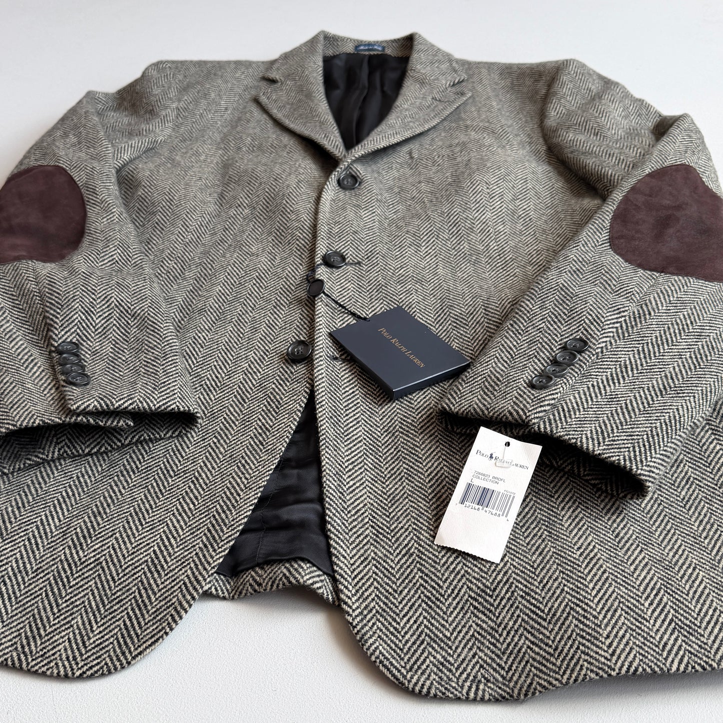 NWT Polo Ralph Lauren (L) Tweed Herringbone Wool Suede Patch Sport Coat