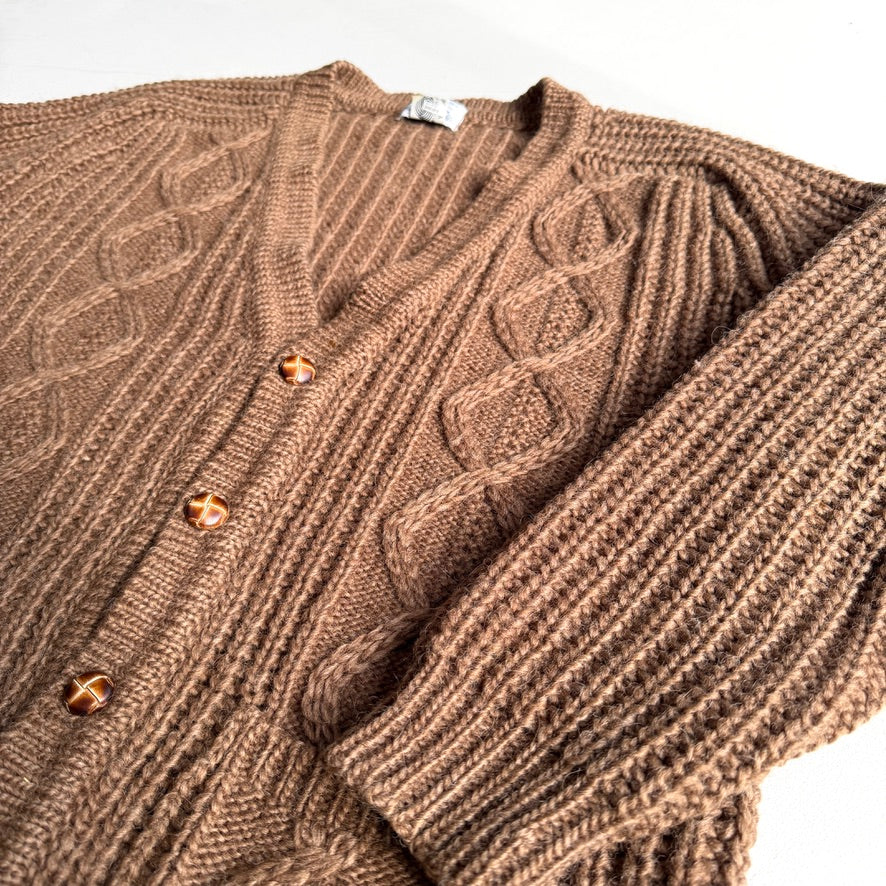 VNTG Orvis (L) Wool Diamond Cable Orinate Fisherman Cardigan Sweater