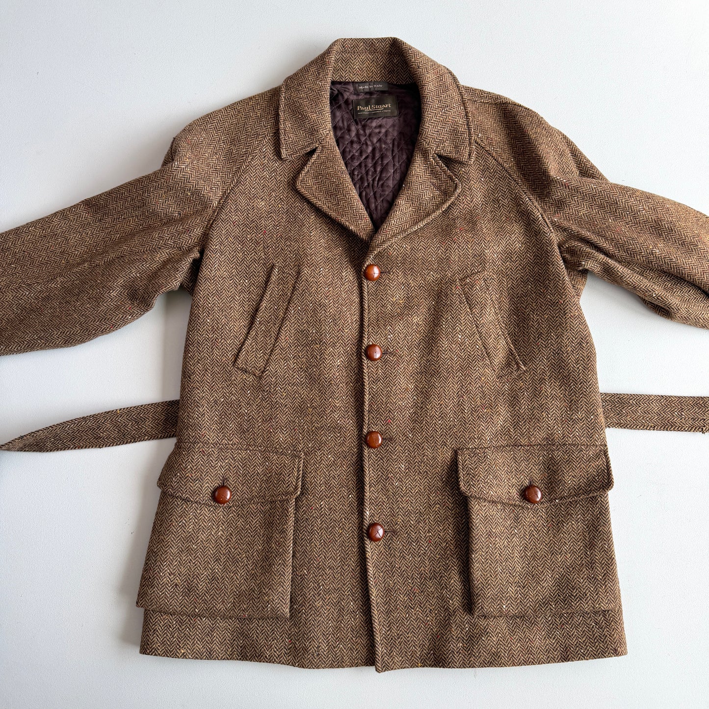 VNTG Paul Stuart (54) Tweed Wool Belted Balmacaan Norfolk-Style Field Coat