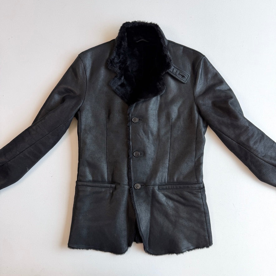 Giorgio Armani (48IT /38R) Lamb Shearling Leather Black Button Coat
