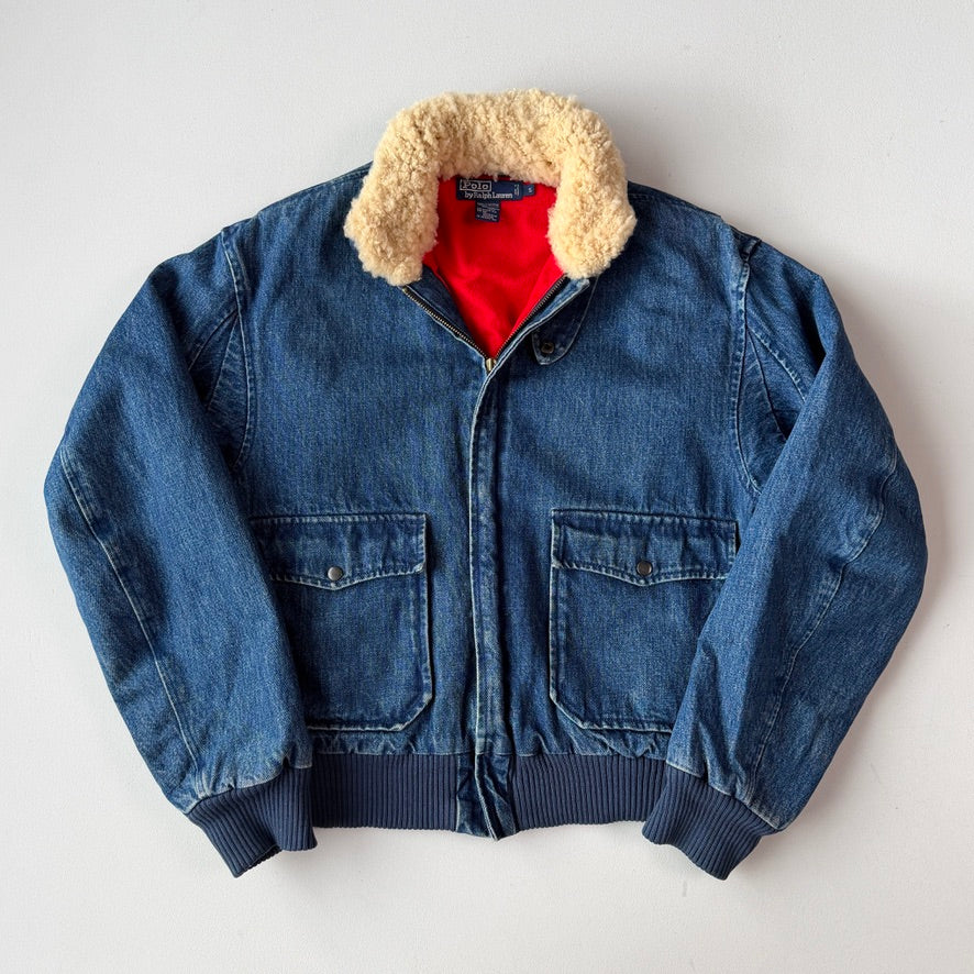 VNTG Polo Ralph Lauren (S) Shearling Collar Denim Flannel Lined Bomber Jacket