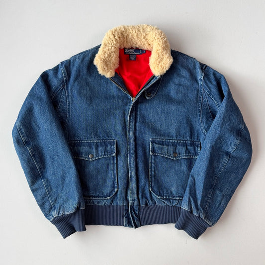 VNTG Polo Ralph Lauren (S) Shearling Collar Denim Flannel Lined Bomber Jacket