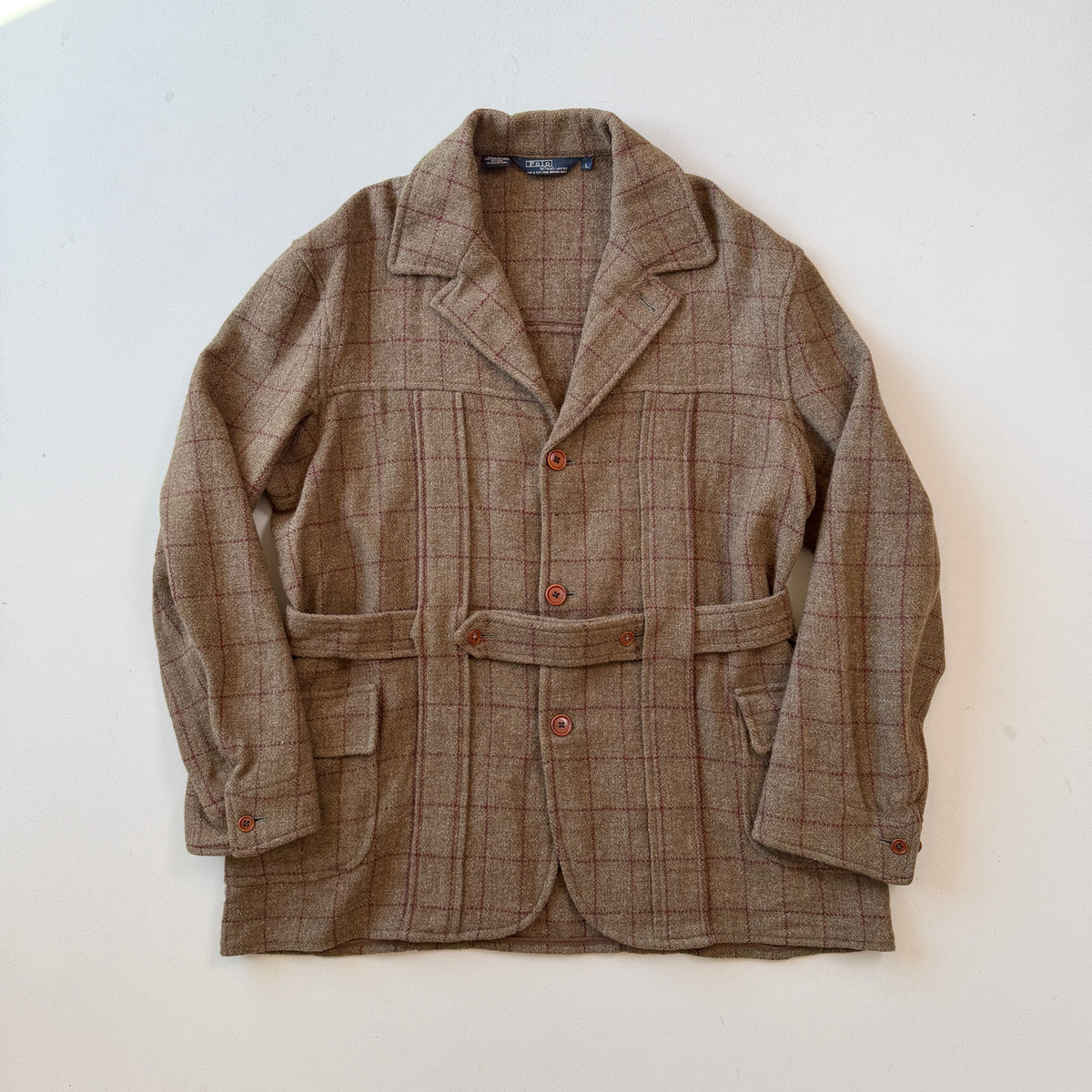 VNTG Polo Ralph Lauren (L) Wool Tweed Olive Windowpane Norfolk Coat Jacket
