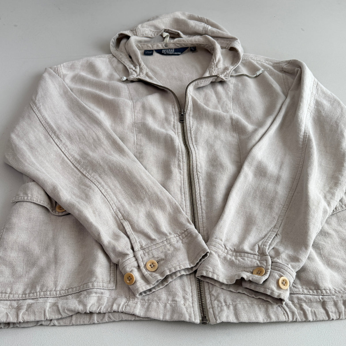 VNTG Polo Ralph Lauren (L) 100% Linen Almond-Color Zip Hooded Jacket