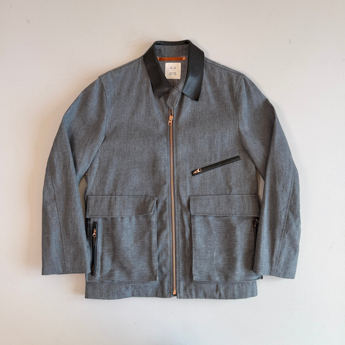 Billy Reid (M) Leather Collar Gray Denim Copper Hardware Field Jacket