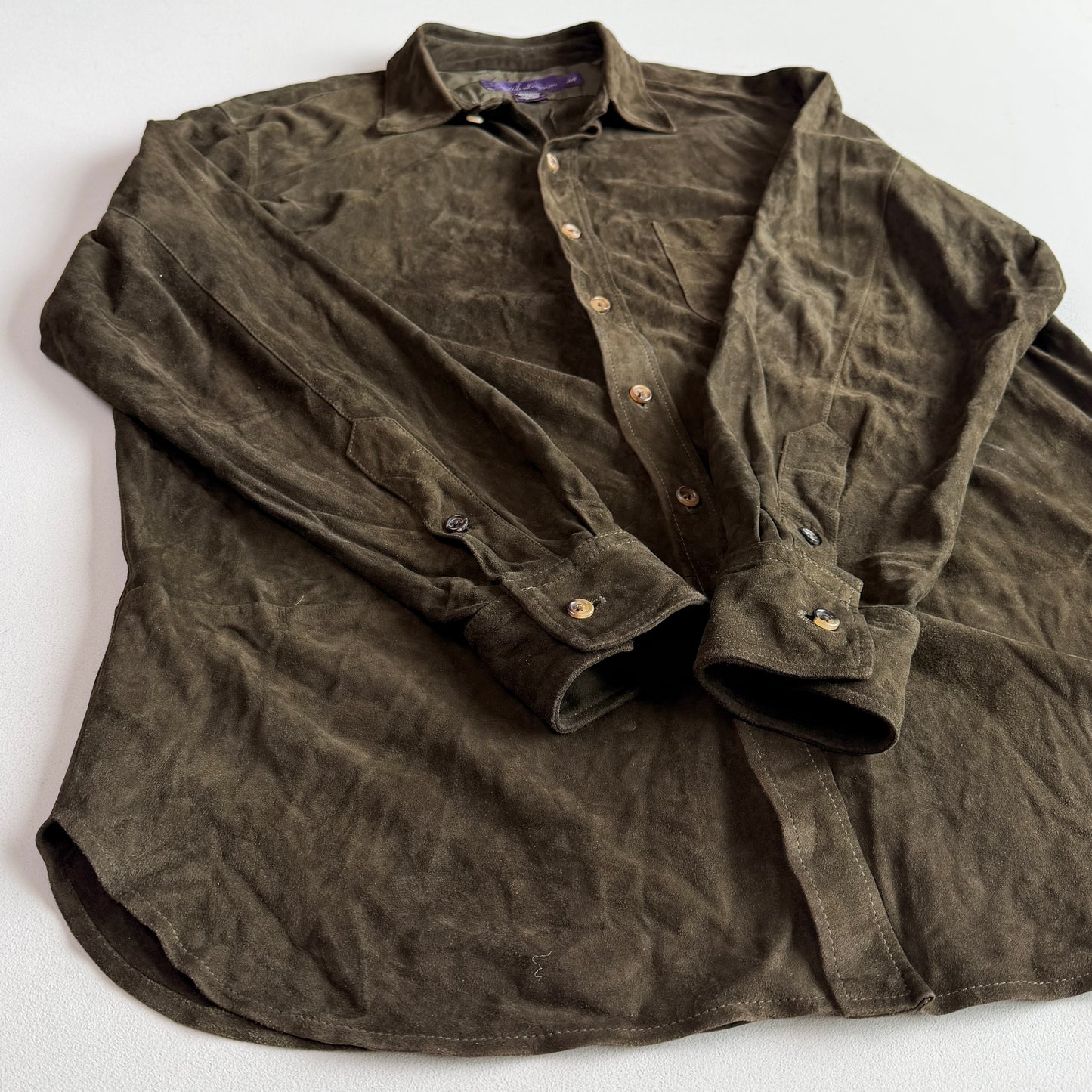 Ralph Lauren Purple Label (L) Olive Green/Brown Goat Suede Leather Shirt