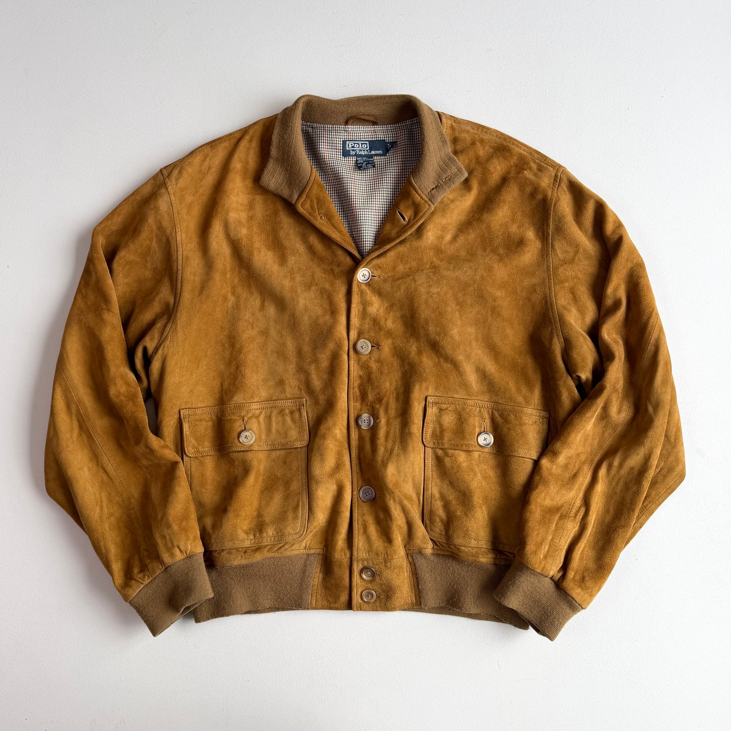 Polo Ralph Lauren (XL) Mustard Brown Suede Leather Button Bomber Jacket