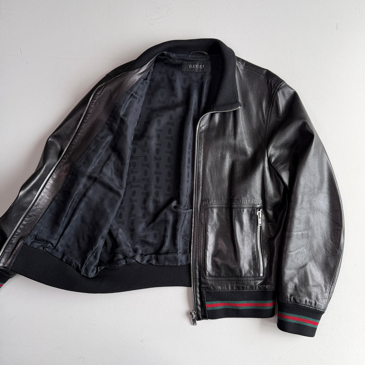Gucci (58IT /2XL) Black Leather Bomber Style Green/Red Accent Jacket