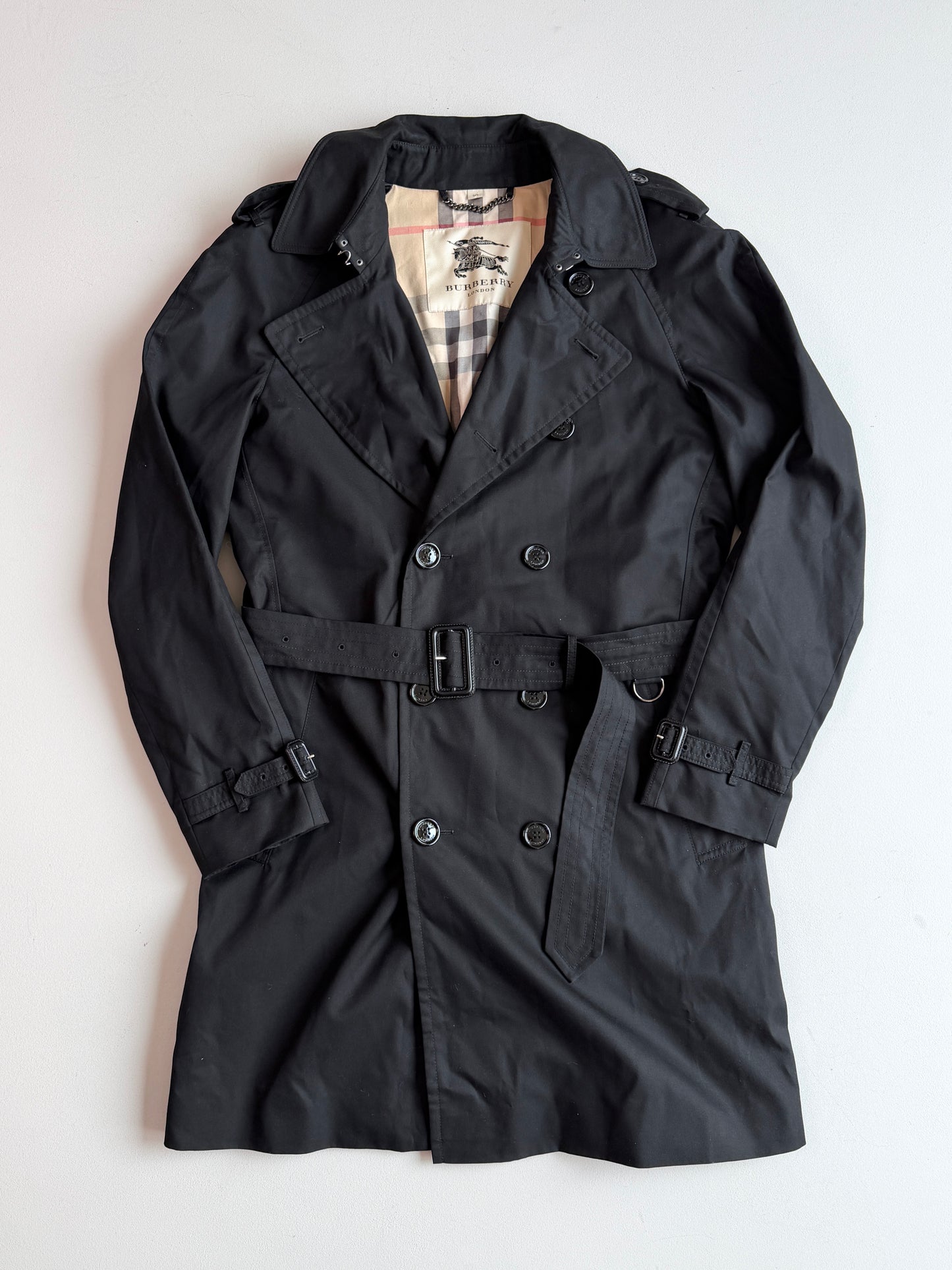 Burberry (54R) Black Poly/Cotton Double Breast Trench Coat