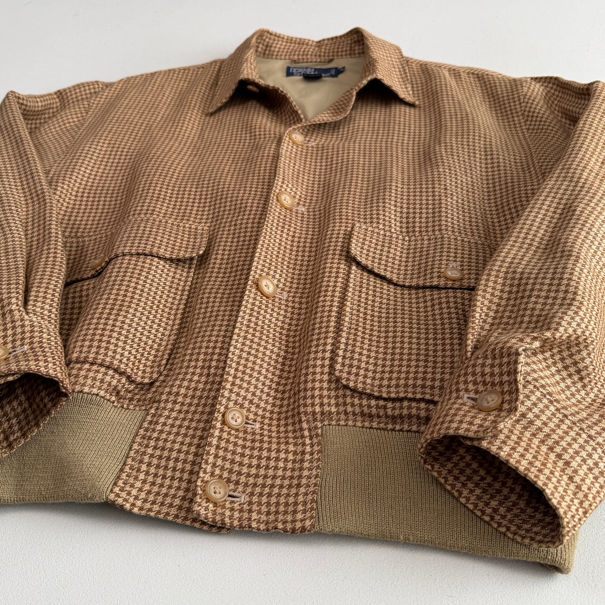 VNTG Polo Ralph Lauren (L) 100% Linen Houndstooth Button Bomber-Style Jacket