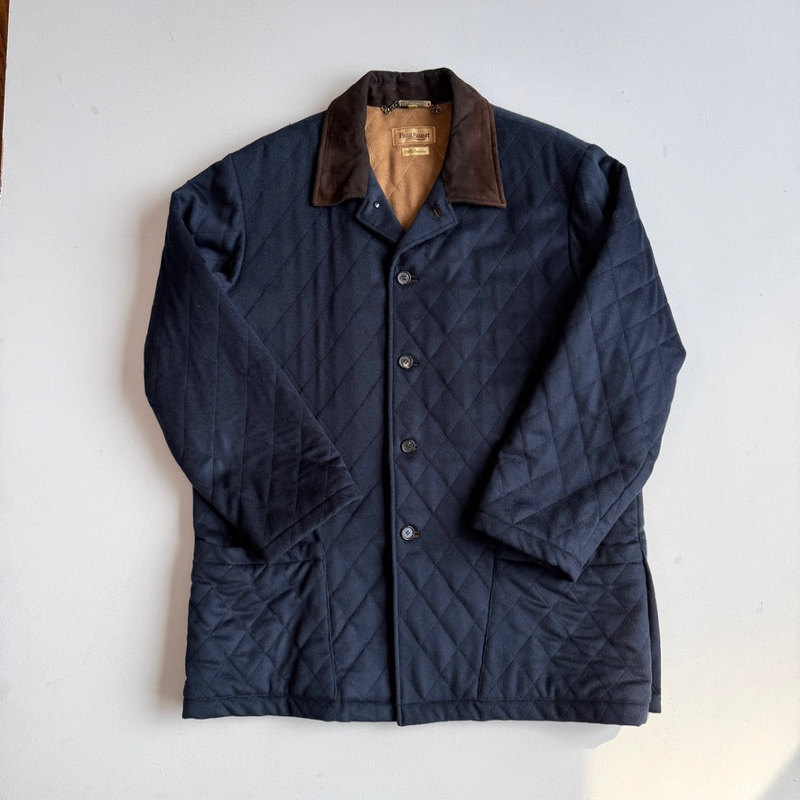 Paul Stuart (XL) 100% Cashmere Quilted Navy Blue Suede Trim Jacket Coat