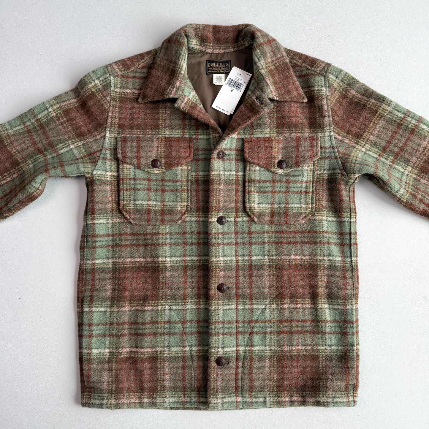 NWT RRL Ralph Lauren (S) Wool Blend Sage/Maroon Plaid Fleece Overshirt